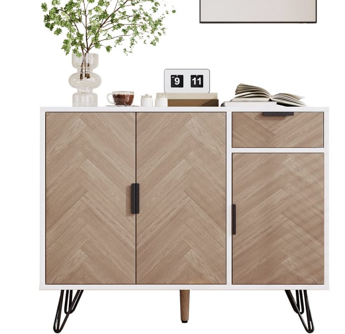 Sideboard - 90x30x71,5 cm - wit/houtlook - verstelbare planken - zwarte poten & handgrepen