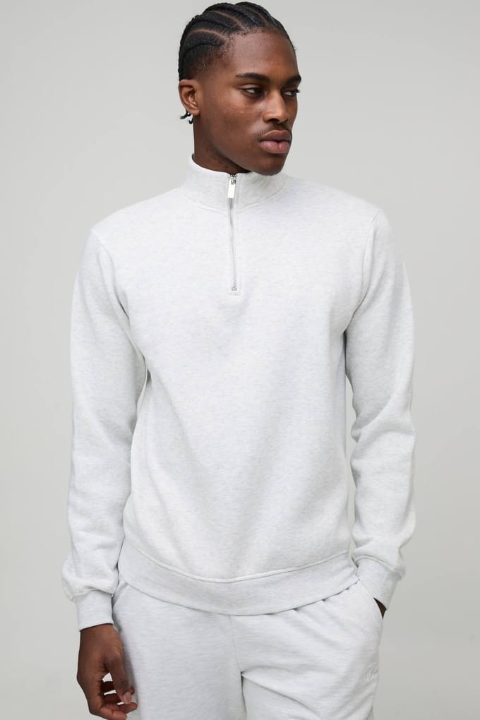 Regular Essential Quarter Zip Funnel Neck Sweatshirt | Grey Marl | Size Small