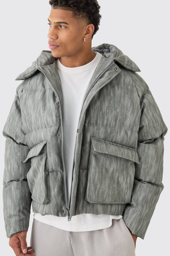 Oversized boxy gewassen PU-geweerde pufferjas met capuchon in grijs | Grey | Size Medium