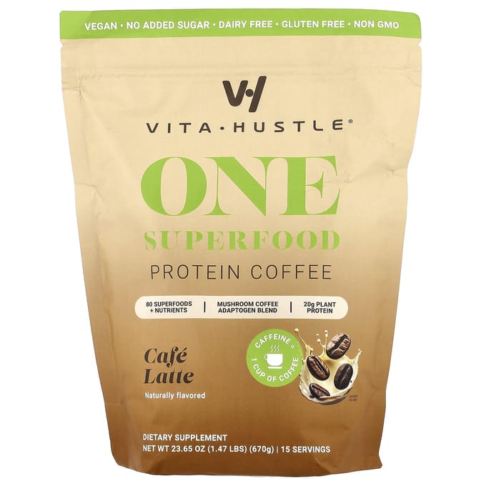 VitaHustle Superfood Eiwitkoffie, Café Latte, 670g (1,47 pond)