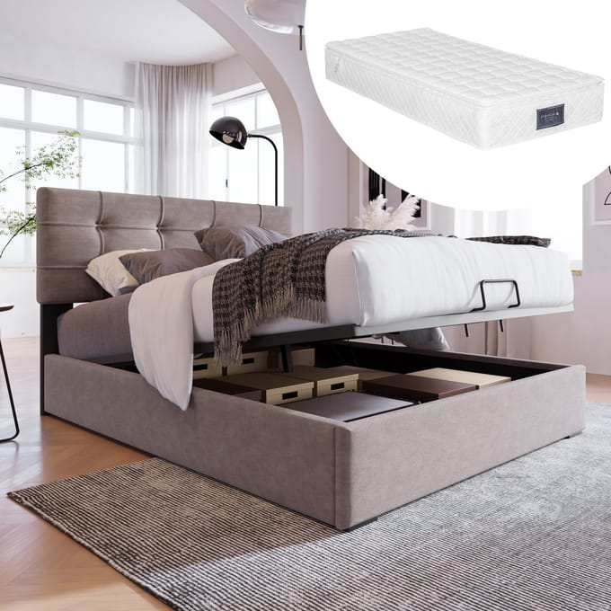 REDOM Opbergbed 90x200 cm – Fluweel – Hydraulisch – Verstelbaar hoofdbord – Lichtgrijs