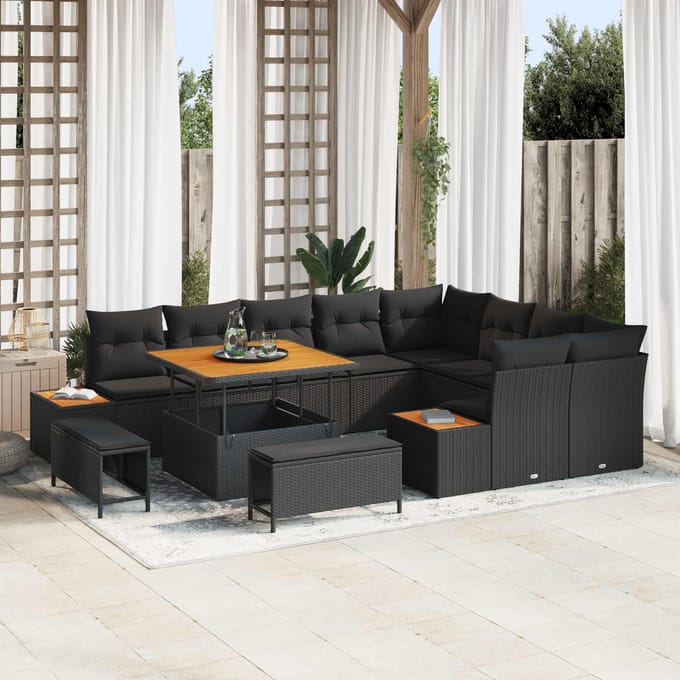vidaXL - Tuinbank - Set - 12 - st - 11-zits - Zwart - Poly - rattan