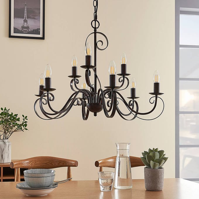 Lindby - kroonluchter - 9lichts - Metaal - H: 54 cm - E14 - roestbruin
