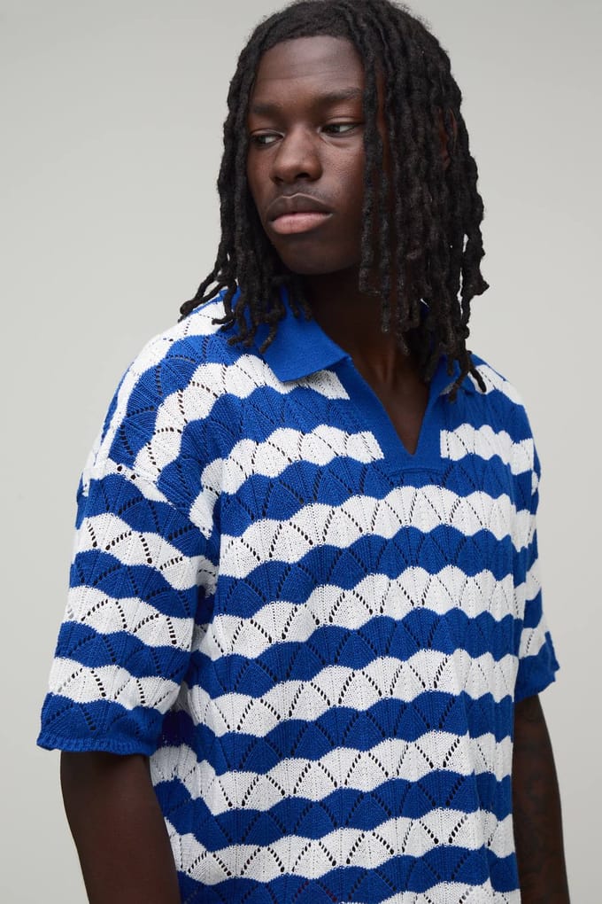 Oversized Boxy Wavy Open Stitch Knitted Polo T-Shirt | Blue | Size Medium