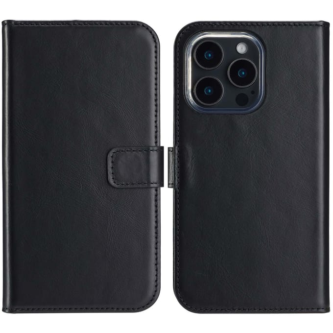 Selencia Hoesje - Geschikt voor Apple iPhone 16 Pro - Echt Lederen Bookcase - Zwart