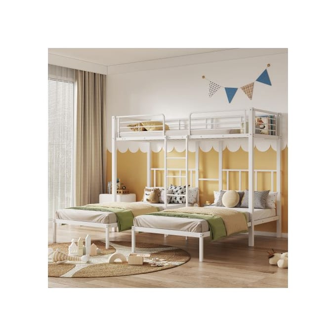 Lit superposé triple - MUVOE - 90x200cm - Métal blanc - 3 places - Échelle sécurisée blanc