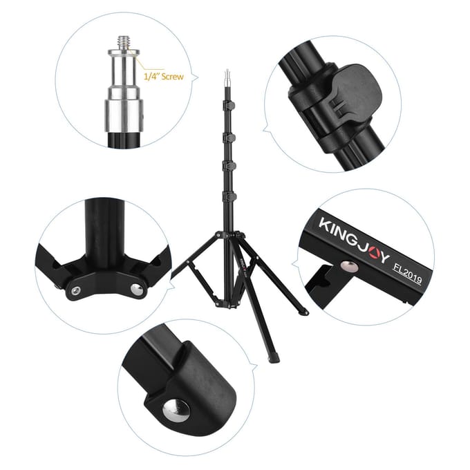 KINGJOY FL2019 Verstelbaar metalen statief voor lampen Draagvermogen van 8 kg/17,6 lbs Max. schroefdiameter van 1/4 inch zwart