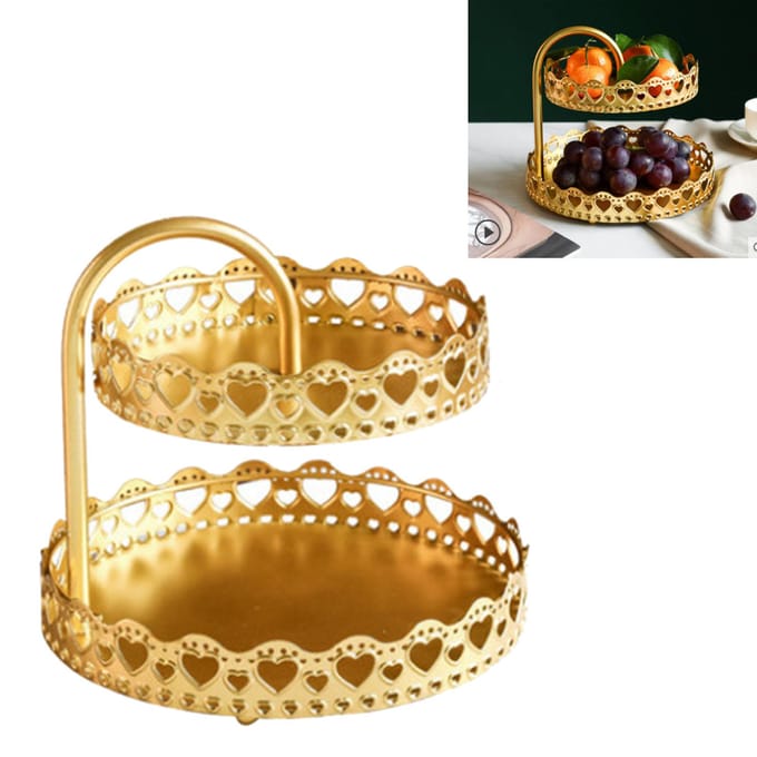 Dubbellaagse Gebaksschaal Decoratief Koper Goud Koekjes Dessert Displaybord voor Bruiloft Liefdevol beige