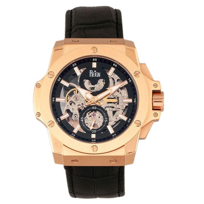 Reign Commodus automatisch skelet horloge met leren band