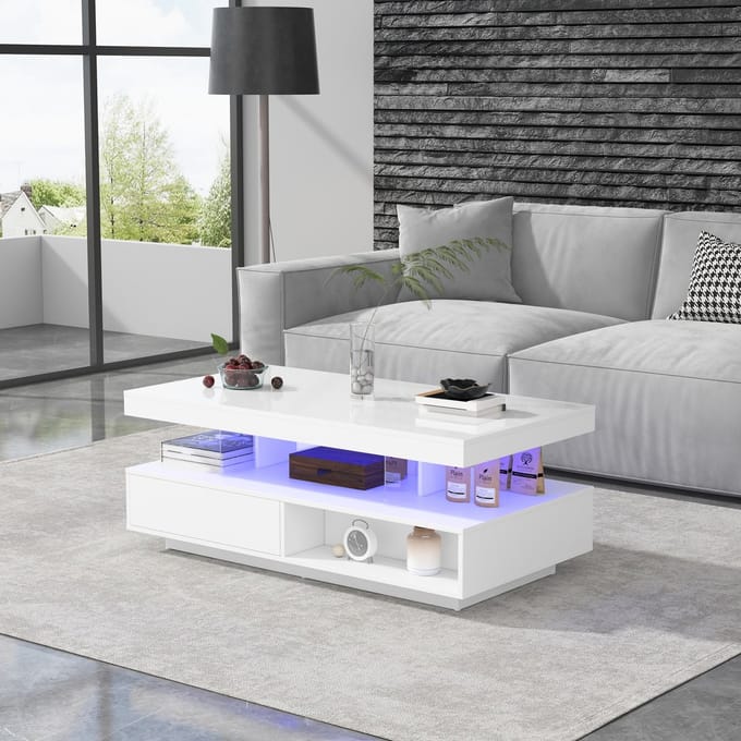 PHOEBE CAT Salontafel - Hoogglans - 4 glazen planken - 2 lades - 2 open compartimenten - Wit