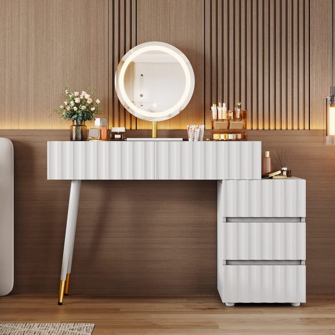 MODFU Kaptafel Met LED-Spiegel En 5 Laden - Golvend Front - MDF - Wit - 100 x 40 x 127 cm