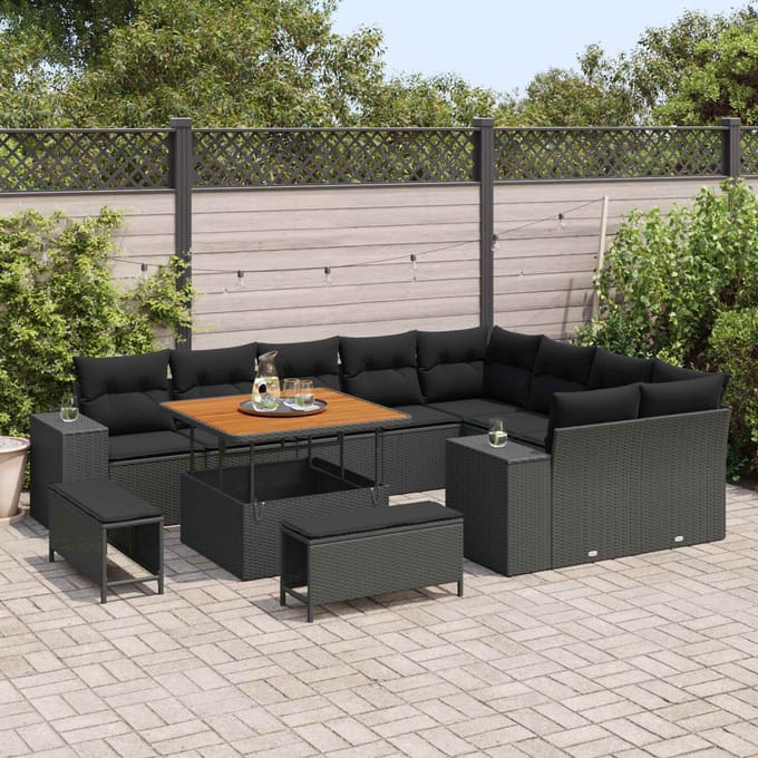 vidaXL - Tuinbank - Set - 12 - st - 9-zits - Zwart - poly - rattan