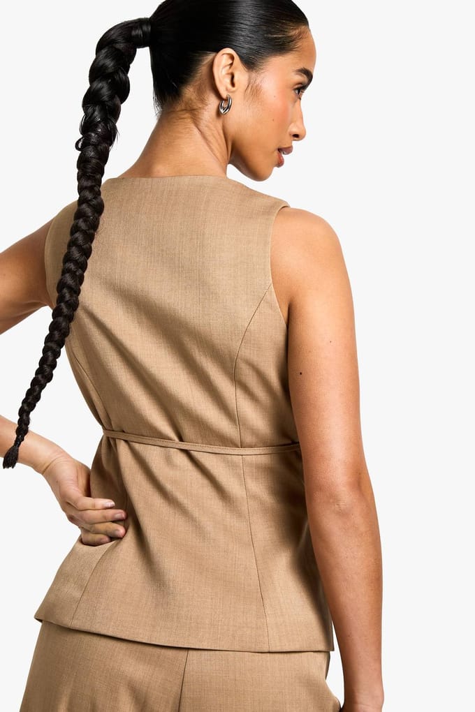 boohoo Dames Petite vest met linnenlook | Camel | Maat: 38