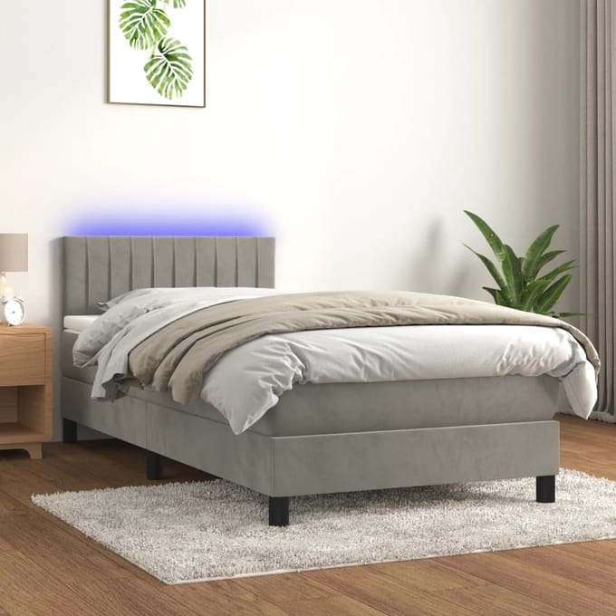 vidaXL - Boxspring - met - matras - en - LED - fluweel - lichtgrijs - 90x190 - cm