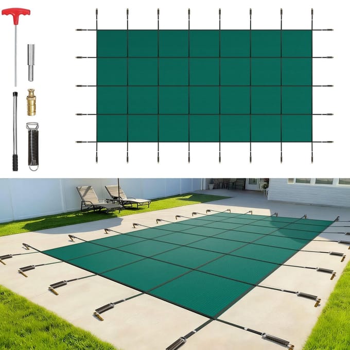Couverture de sécurité pour piscine 18x36FT Couverture de piscine rectangulaire Couverture de piscine de sécurité enterrée Maille verte Couverture de sécurité solide pour piscine Hiver