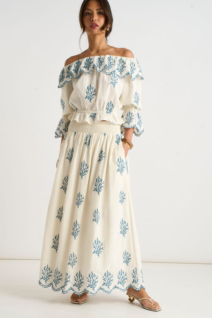 Marshmallow katoenen geborduurde skater maxi rok