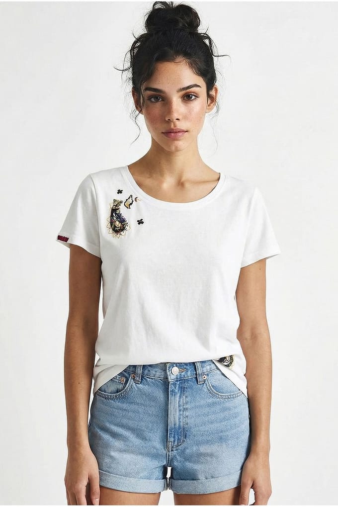 Geborduurd U-Kraag Basis T-Shirt
