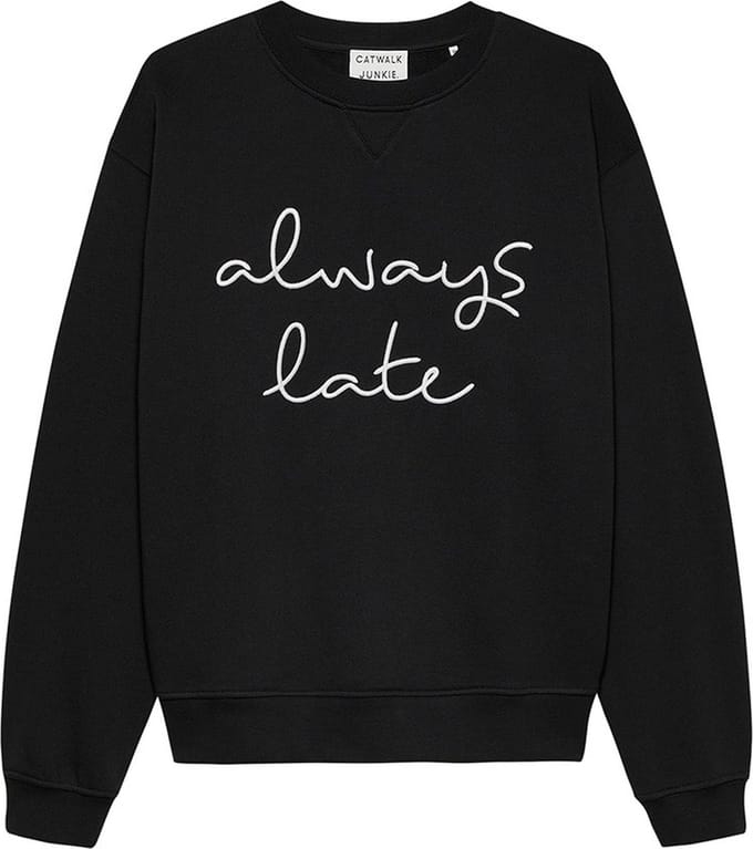Catwalk Junkie dames O-hals sweater graphic always late zwart