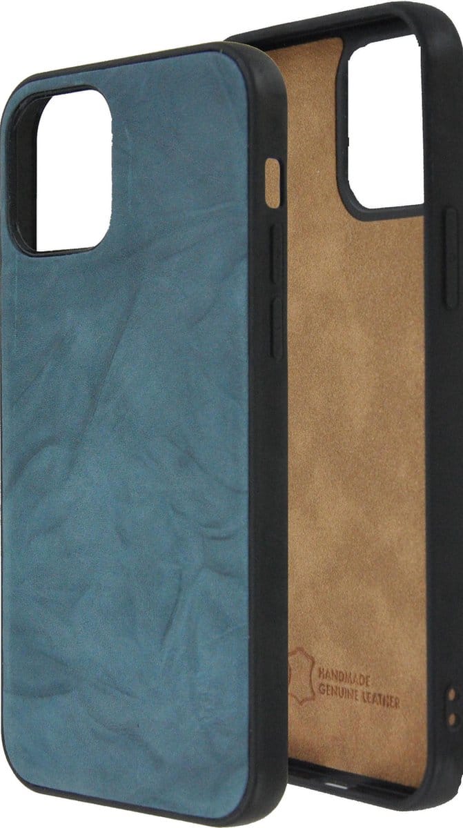 Geschikt voor iPhone 12 Hoesje - iPhone 12 hoesje Echt leer Back Cover P Case Washed Turquoise