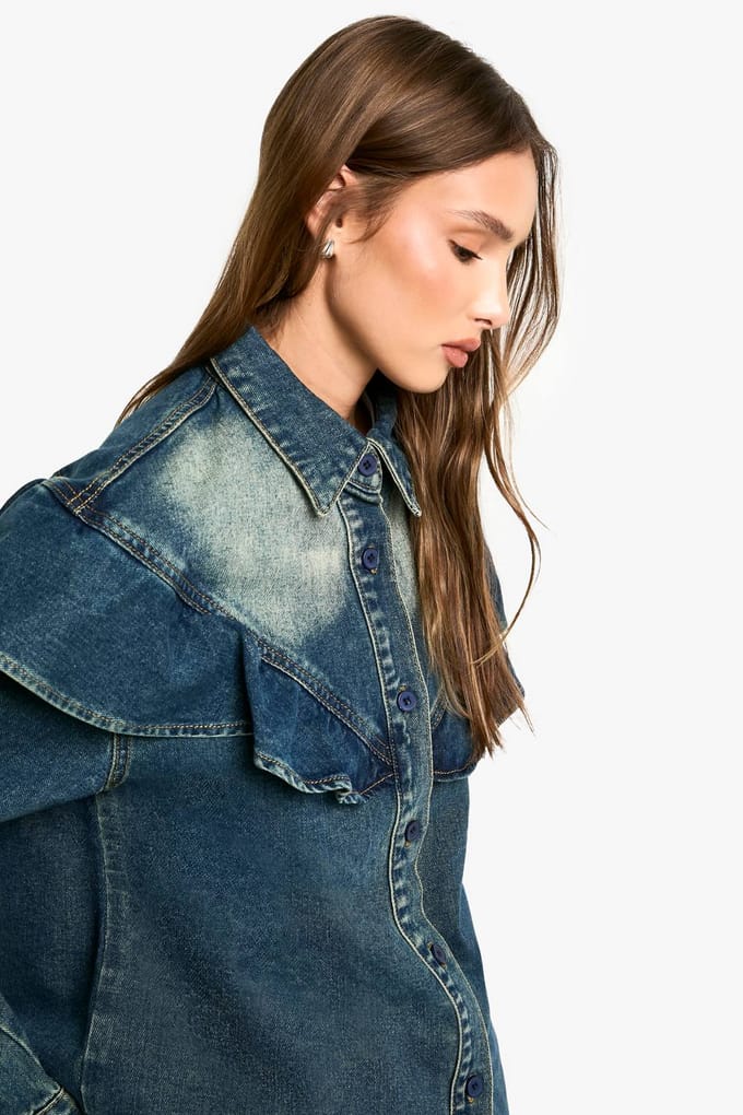 boohoo Dames Frill Detail Denim Shirt | Medium Blauw | Maat: 36