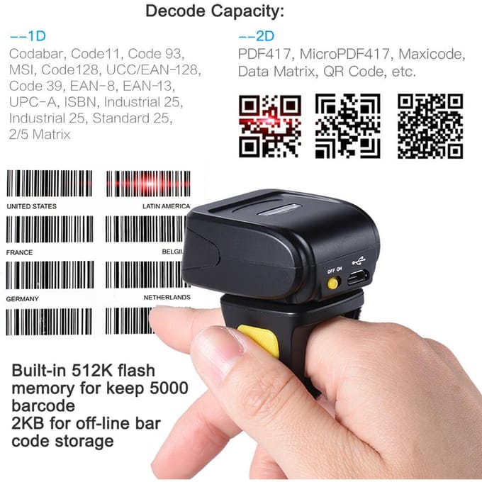 Scanner Lecteur de Code-barres 1D 2D QR Portable sans Fil BT à Bague pour Doigt Support pour Windows Android iOS pour black