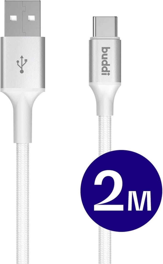 Buddi Flex | USB-A naar USB-C Kabel 12W Fast Charge 5V/2.4A | 480Mbps Dataoverdracht | Gevlochten Nylon | 2M | 2 Meter | Wit