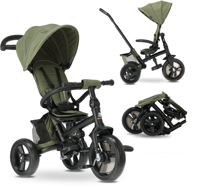 Deryan Explorer Driewieler - Duwstang - Opvouwbaar met mandje - Groen