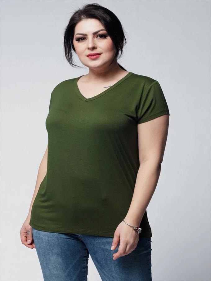 Dames XL V-Hals Basic Kortemouw T-Shirt, Kaki