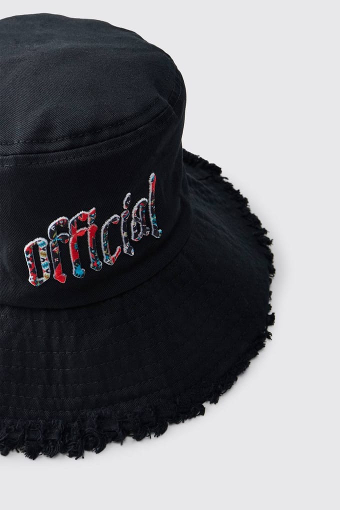 Bucket Hat With Distressed Edge Brim & Tapestry Applique | Black