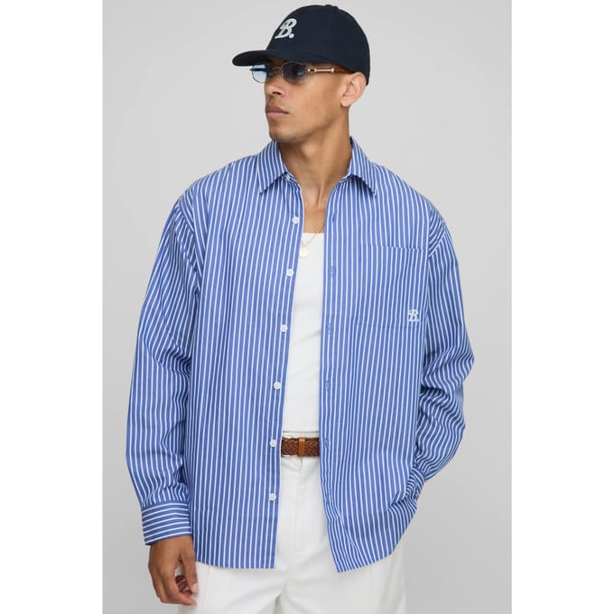 Super Oversized Geborduurd Gestreept Kraaghemd | Blue | Size Medium