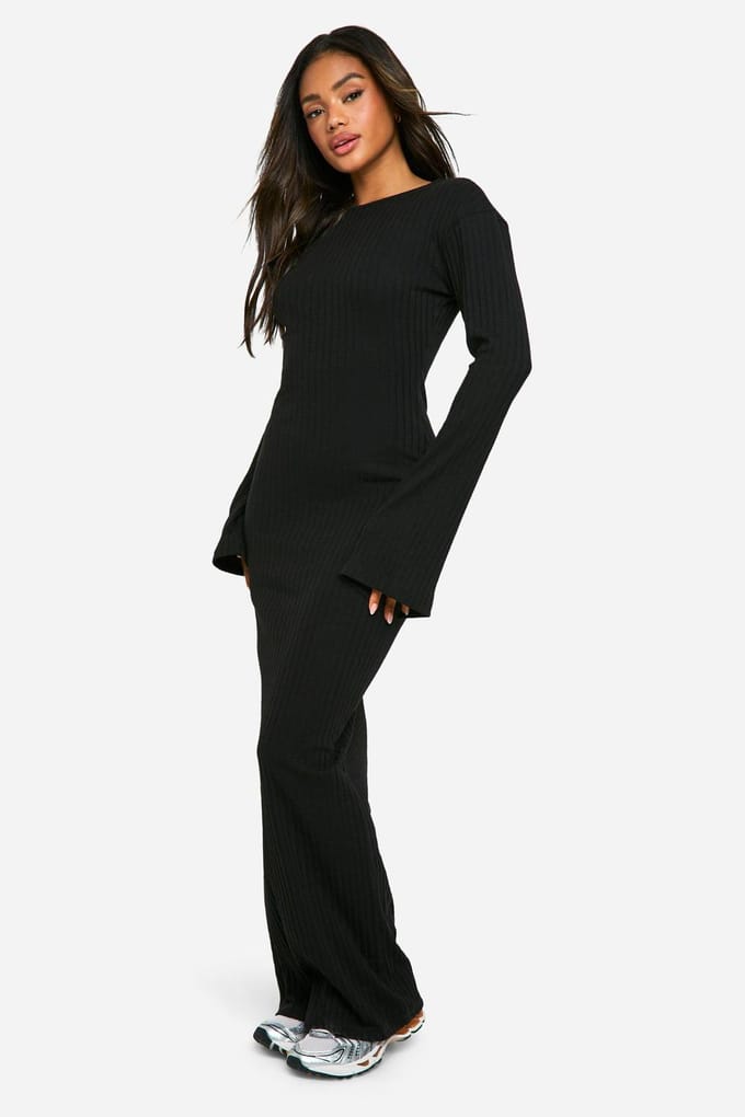 boohoo Dames Wide Rib Flare Sleeve Maxi Jurk | Black | Maat: 6