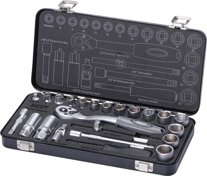 doppenset - 3/8 duims aansluiting - 24 delig - doppendoos - ratelset - xp tools