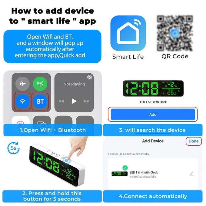 Horloge numérique WiFi avec capteur de température et d'humidité APP Réveil intelligent Affichage de l'heure à LED blanc