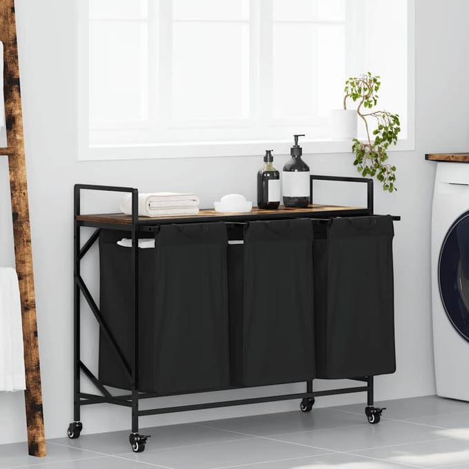 vidaXL - Wasmand - 3 - vakken - met - planken - gerookt - eikenkleurig