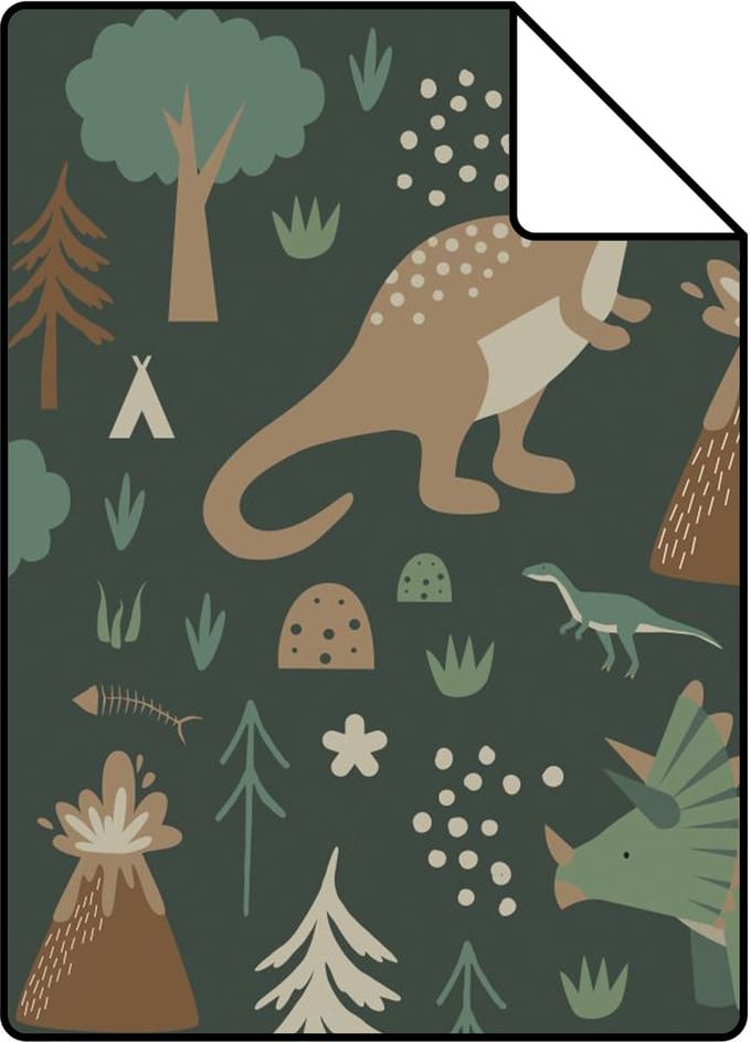 Proefstaal ESTAhome behang dinosaurussen donkergroen en bruin - 26.5 x 21 cm - 139802-S