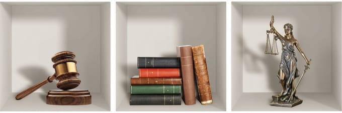 3D-stickerbeeldje van een hamer en boeken van justitie, 40 x 120 cm