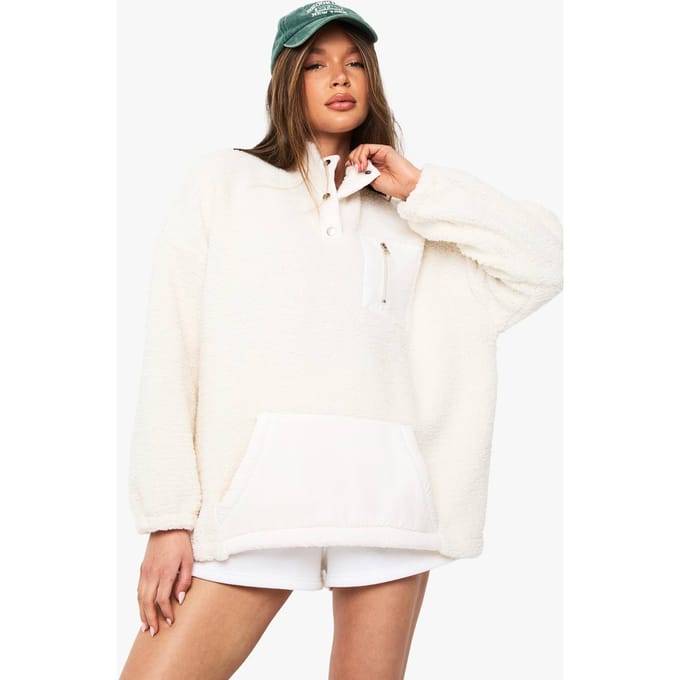 boohoo Dames Popper Trechterkraag Oversized Borg Sweatshirt | Creme | Maat: Small