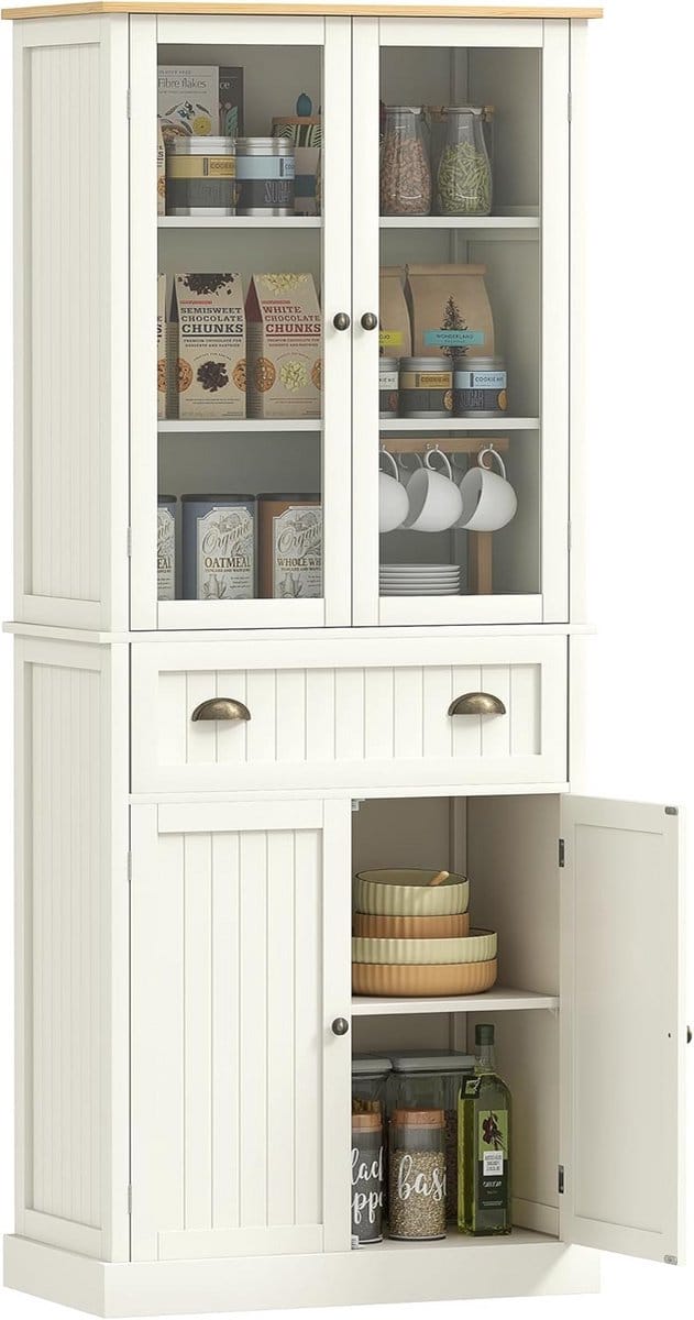 Vitrinekast met 4 deuren, 1 lade en glazen elementen - Beige