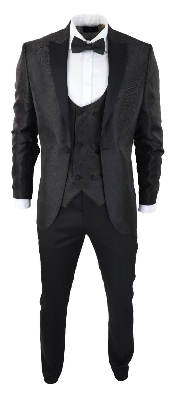 Heren zwarte smoking blazer vest brokaat satijn paisley formeel dinerjack