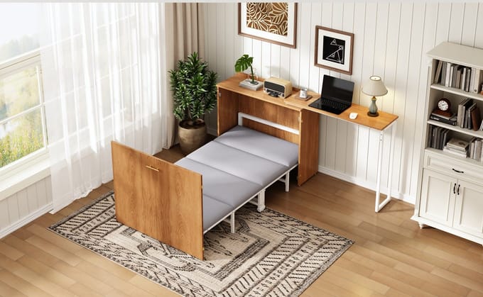 Kastbed Met Bureau - Opvouwbaar Bed Met Matras En Wielen - Multifunctioneel