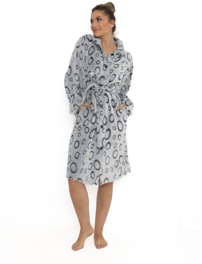 Cocodream dames badjas - fleece - met knopen - maat S - Cirkels - grijs