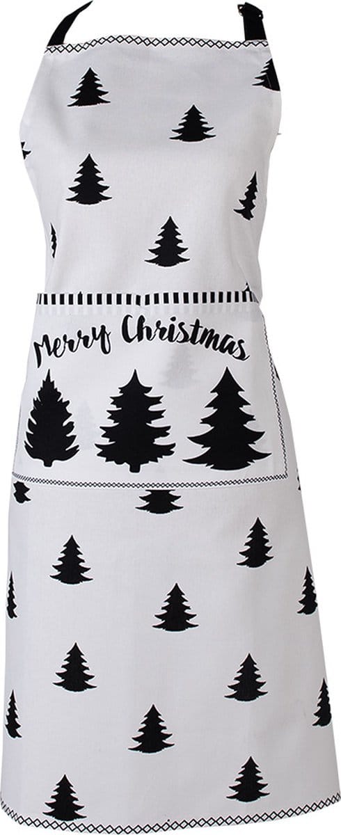 Clayre & Eef Keukenschort 70x85 cm Wit Zwart Katoen Kerstboom
