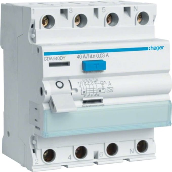Hager Aardlekschakelaar 4 polig 6kA 40A 30mA Type A Testcircuit L1-N CDA440DY
