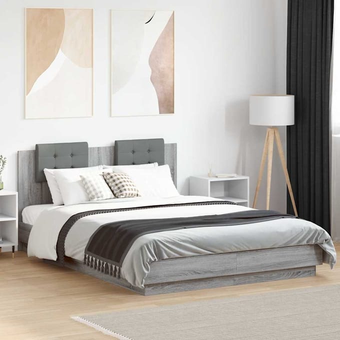 vidaXL - Bedframe - met - hoofdbord - en - LED - grijs - sonoma - eiken - 150x200 - cm