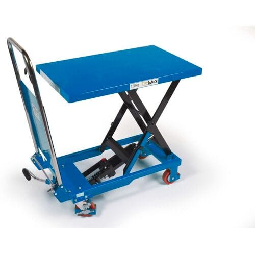 HBM verrijdbare werktafel, heftafel 150 kg, blauw