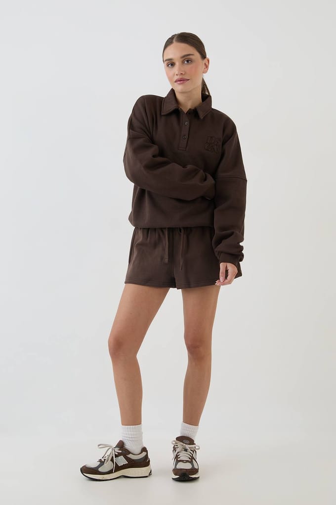 Dames Dsgn Studio Sweat Short Met Applique Van Dezelfde Stof In Losse Pasvorm | Dark Chocolate | Maat: Medium