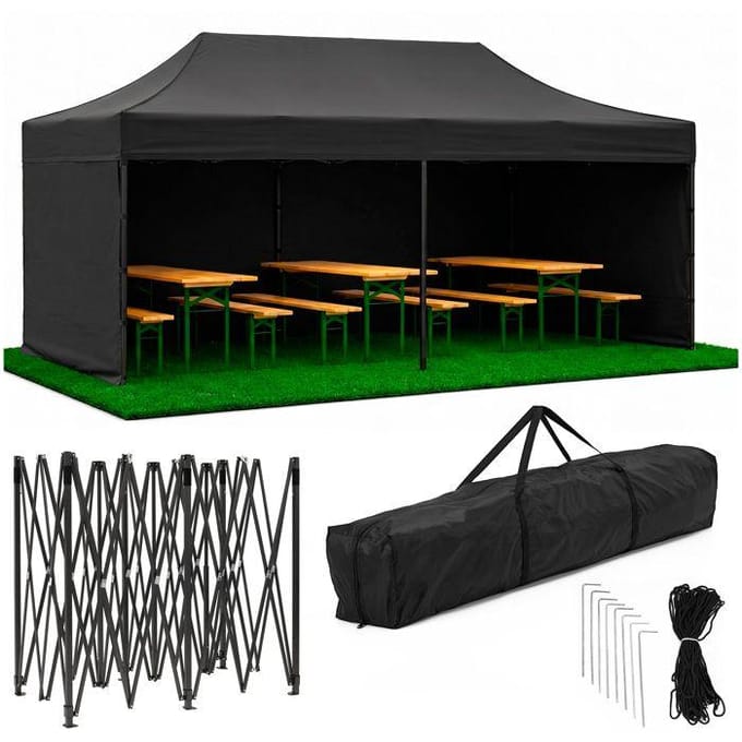Springos Partytent - 600x300x310xcm - Hoogte Verstelbaar - PVC - Polyester - Harmonica- Frame - Zwart