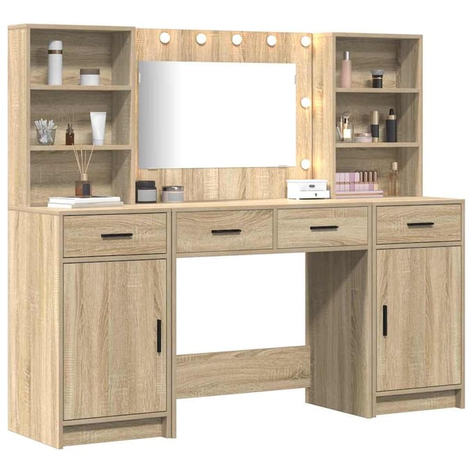 vidaXL - Dressing - tafel - set - met - LED - 3 - st - Sonoma - Eik - Bewerkt - hout