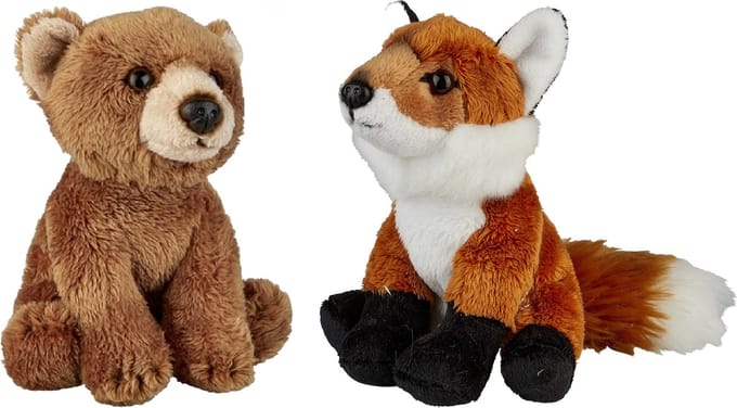 Ravensden - Bosdieren pluche knuffels - 2x stuks - Vos en Bruine Beer - 15 cm