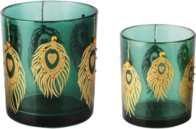 Dekoratief | Set 2 theelichthouders 'Dream Catcher', groen/goud, glas, 9x9x10cm | A255286